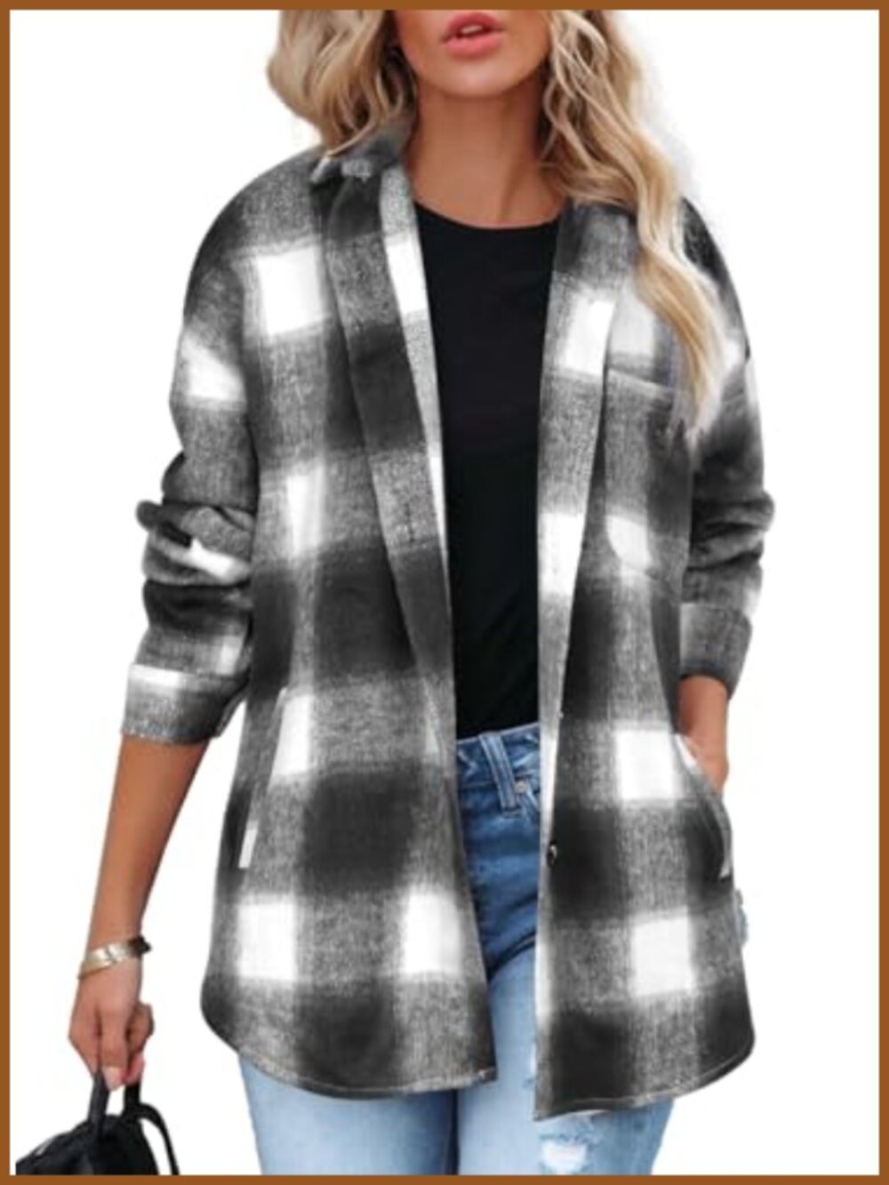Flannel Plaid Shacket Button Down Shirt with Pockets